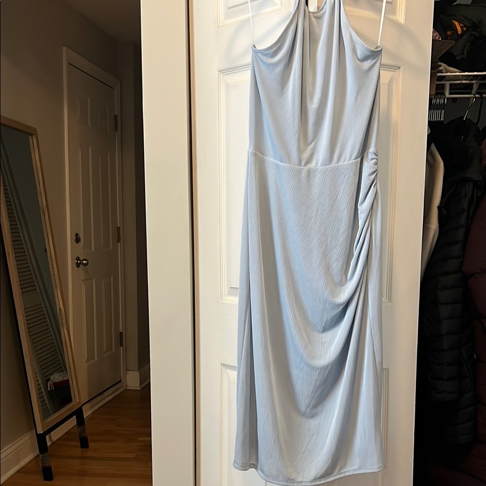 Wayf Blue Ruched Halter Sheath Dress